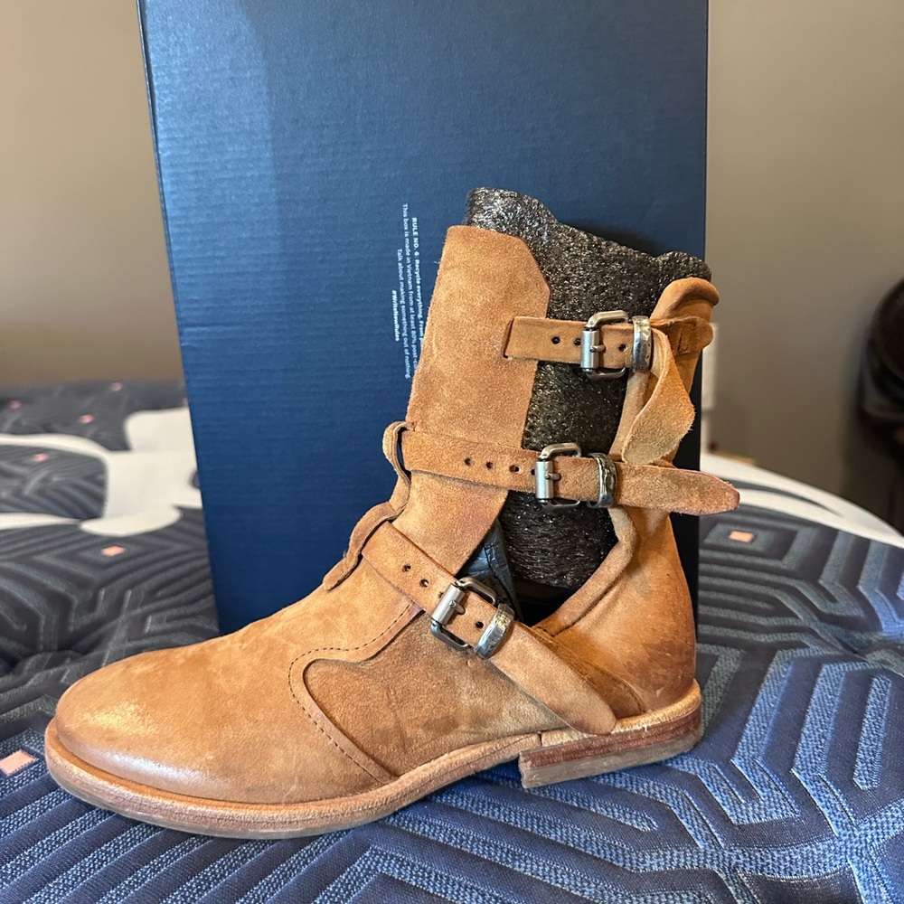 A.S. 98 Tan, Suede Zarek Moto Boot, Size 37